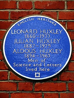 English Heritage blue plaque at 16 Bracknell Gardens, Hampstead, London, commemorating Julian, his younger brother Aldous, and father Leonard