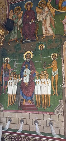 Mural of Abraham in Heaven from the Holy Mother Church, Ploiești, Romania