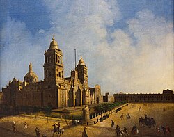 Mexico City Metropolitan Cathedral's (1571–1813) 18th century painting. The cathedral was built by the Spaniards over the ruins of the main Aztec temple.