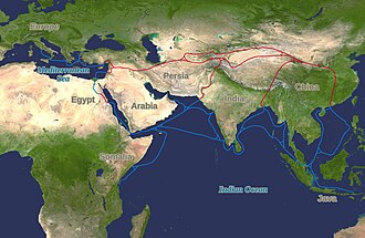 The Silk Road (red) and spice trade routes (blue)