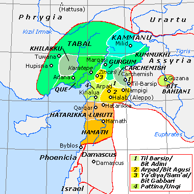 Historical map of the Neo-Hittite states, c. 800 BC with approximate border lines