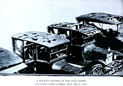 Damage to automobiles due to a hail storm that affected the Dallas, Texas area on May 8, 1926, with hail as large as 4.2 inches (11 cm) in diameter[53]