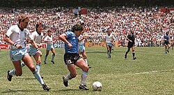 Attacking midfielder Diego Maradona (shirt number 10) right before scoring the "Goal of the Century" for Argentina against England in the quarter-finals of the 1986 World Cup in Mexico