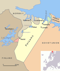 Map of Petsamo area in northern Finland/Soviet Union/Russia. The green area is the Finnish part of the Rybachi peninsula (Kalastajasaarento) which was ceded to the Soviet Union after the Winter War. The Red area is the Jäniskoski-Niskakoski area ceded to the USSR in 1947.