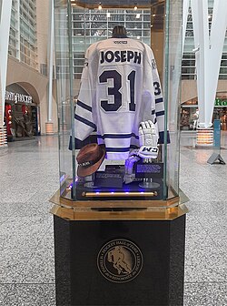 Curtis Joseph's jersey from the 2001 Hockey Hall of Fame game, displayed at the hall of fame entrance inside Brookfield Place