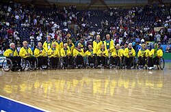Silver medal winning Australian wheelchair rugby "Steelers" at their medal presentation ceremony at the 2000 Sydney Paralympic Games