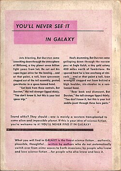 Rear cover of first issue of Galaxy featuring criticism of the space Western subgenre