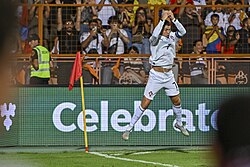 Cristiano Ronaldo performing his famous Siuuu celebration, often regarded as one of the most iconic and recognizable goal celebrations in sports.[1]