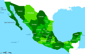 A map of the United Mexican States, showing its thirty-one constituent states and Mexico City