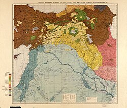 Maunsell's map of 1910, a pre-World War I British ethnographical map of the Middle East, showing the Kurdish regions in yellow (both light and dark)
