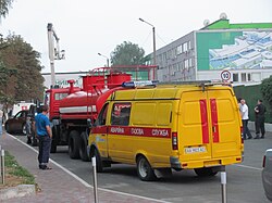 Gas network emergency vehicle responding to a major fire in Kyiv, Ukraine