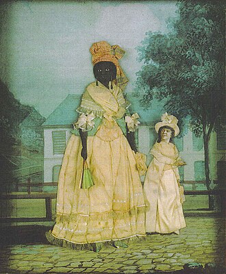 Free woman of color with quadroon daughter (also free); late 18th-century collage painting, New Orleans.