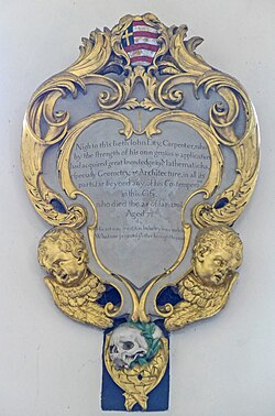 Memorial plaque to John Etty in All Saints' Church, North Street, York, recording his date of death as 28 January 170+8/9