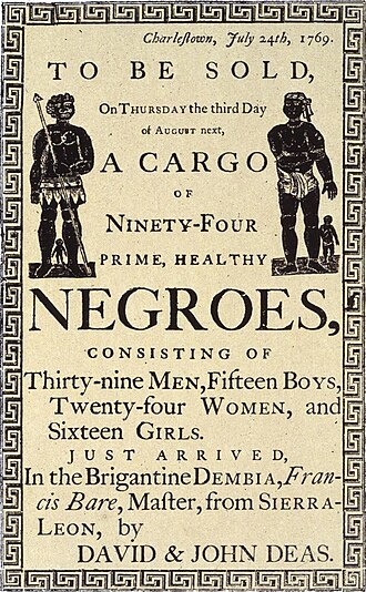 Reproduction of a handbill advertising a slave auction in Charleston, British Province of South Carolina, in 1769
