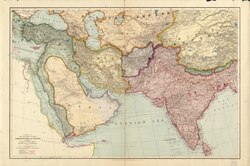 Bhutan, shaded in green in the centre of three Himalayan regions, shown on a 1912 map of Western Asia