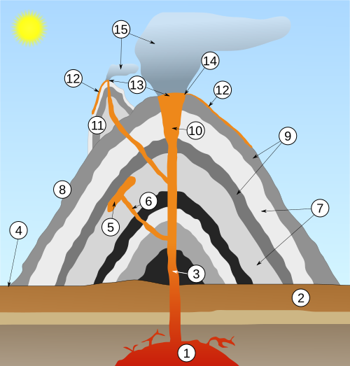 Cross-section through a stratovolcano (vertical scale is exaggerated): Large magma chamberBedrockConduit (pipe)BaseSillDikeLayers of ash emitted by the volcanoFlankLayers of lava emitted by the volcanoThroatParasitic coneLava flowsVentsCraterAsh clouds