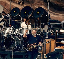 Grateful Dead's Jerry Garcia and Mickey Hart performing on 11 August 1987 at the Red Rocks Amphitheatre near Morrison, Colorado
