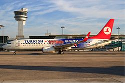 A Turkish Airlines Boeing 737-800 in 2010 FIBA World Championship livery at Istanbul Atatürk Airport