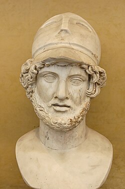 Marble bust of Pericles with a Corinthian helmet, Roman copy of a Greek original, Museo Chiaramonti, Vatican Museums; Pericles was a key populist political figure in the development of the radical Athenian democracy.[80]