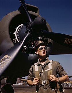 U.S. Army Air Forces test pilot Lt. F.W. "Mike" Hunter wearing a flight suit in October 1942