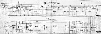 A plan showing body plan, upper deck, hold and platforms of CSS Alabama, sister ship of Tornado
