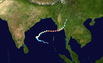 Map plotting the storm's track and intensity, according to the Saffir–Simpson scale