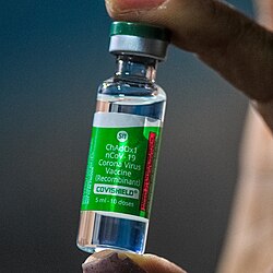 A vial of the Oxford-AstraZeneca COVID-19 vaccine produced in the Serum Institute of India (SII) as "Covishield"[3]