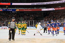 The match between rival teams Ilves (yellow and green) and Tappara (blue and orange) on December 3, 2021, at Nokia Arena in Tampere, Finland.