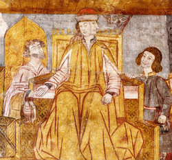 In the Renaissance fresco The Good and the Bad Judge (Monsaraz, Portugal), the Bad Judge, depicted as having two faces, is shown taking bribes: the nobleman to the right offers him gold coins from a purse, and the villein to the left gives him a pair of partridges.