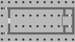 Two rows of columns inside the church form three aisles. In the two corners of the church on the altar side there are two rooms partitioned off. Along the front of the church and both outer sides runs another line of columns.