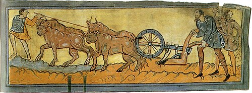 Calendar (the ploughing), c. 1000, miniature, Cotton ms. Tiberius B. V., f. 3r., London, British Library