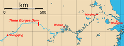 Map of the location of the Three Gorges Dam and the most important cities along the Yangtze River