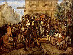 Sale at auction, by Alonzo J. White on the plaza north of the Exchange Building in Charleston on March 10, 1853, of 96 people who had previously been enslaved near the Combahee River (Eyre Crowe, Museo Nacional de Bellas Artes, Havana, Cuba)