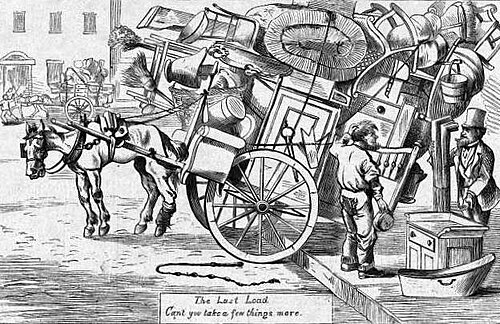 In 1869, a customer asks a cartman: "Can't you take a few things more?" (Harper's Weekly)