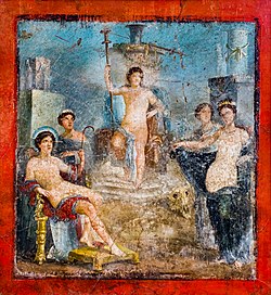Dionysus (Bacchus) with long torch sitting on a throne, with Helios (Sol), Aphrodite (Venus) and other gods. Wall-painting from Pompeii, Italy