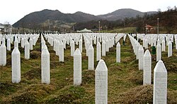Gravestones at the Potočari genocide memorial near Srebrenica. Around 8,000+ Bosniak men and boys were killed by the units of the Army of the Republika Srpska during the Srebrenica massacre in July 1995.
