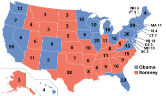 Results for the 2012 United States presidential election, depicting Obama winning many states in the Northeast, Midwest, and Pacific West, and Florida, and Romney winning many states in the South and Rocky Mountains.