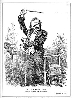 A cartoon from Punch depicting Lloyd George as "The New Conductor" conducting the orchestra in the "Opening of the 1917 Overture"