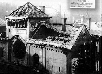 A ruined synagogue in Munich after Kristallnacht