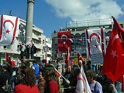 Atatürk Square, North Nicosia in 2006, with the Northern Cyprus and Turkish flags