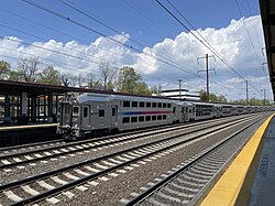 An outbound Northeast Corridor Line train stops at Metropark station