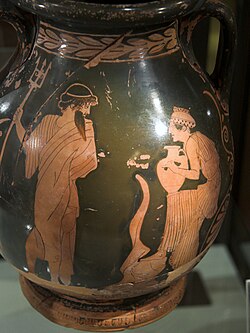 Poseidon surprises Anymone near a spring. Attic pelike in red figure, circle of the Polygnotus Painter, 440-430 BC. Archaeological Museum of Agrigento