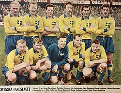 The Sweden national football team in 1961 with these players – rear row from left: Bengt Berndtsson, Torbjörn Jonsson, Åke Johansson, Agne Simonsson, Rune Börjesson and Lennart Backman; front row from left: Olle Hellström, Orvar Bergmark, Bengt Nyholm, Lennart Wing and Gösta Sandberg