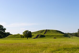 Monks Mound, located at the Cahokia Mounds near Collinsville, Illinois, is the largest Precolumbian earthwork north of Mesoamerica and a World Heritage Site.