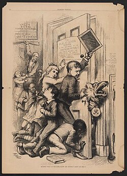"Wolf at the Door, Gaunt and Hungry. Don't let him in." Thomas Nast cartoon against both Samuel Tilden and the Roman Catholic Church (i.e. if the Democrat Tilden was elected president, the public school system would be "endangered" by the Roman Catholic Church.) Published in Harper's Weekly, September 16, 1876