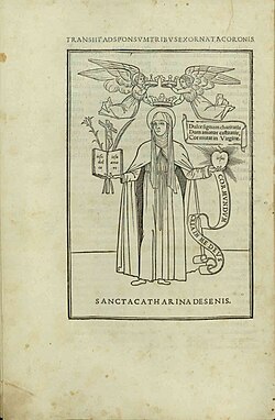 Catherine of Siena, Epistole ("Letters"), published in Venice by Aldo Manuzio in September 1500:[6] illustrated table in which appear the first words ever printed in italics: iesus, inside the heart in the left hand and iesu dolce iesu amore inside the book in the right hand.[7]