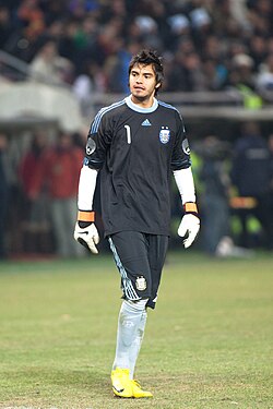 Romero in action against Portugal on 9 February 2011