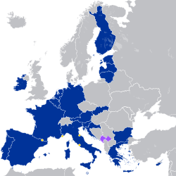 Austria is part of a monetary union, the eurozone (dark blue), and of the EU single market.