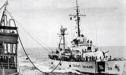 The United States Coast Guard cutter Owasco refueling during a Market Time patrol.