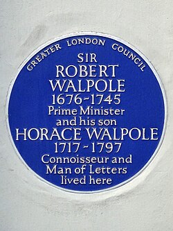Blue plaque at Arlington Street, City of Westminster, London commemorating Horace and his father Robert